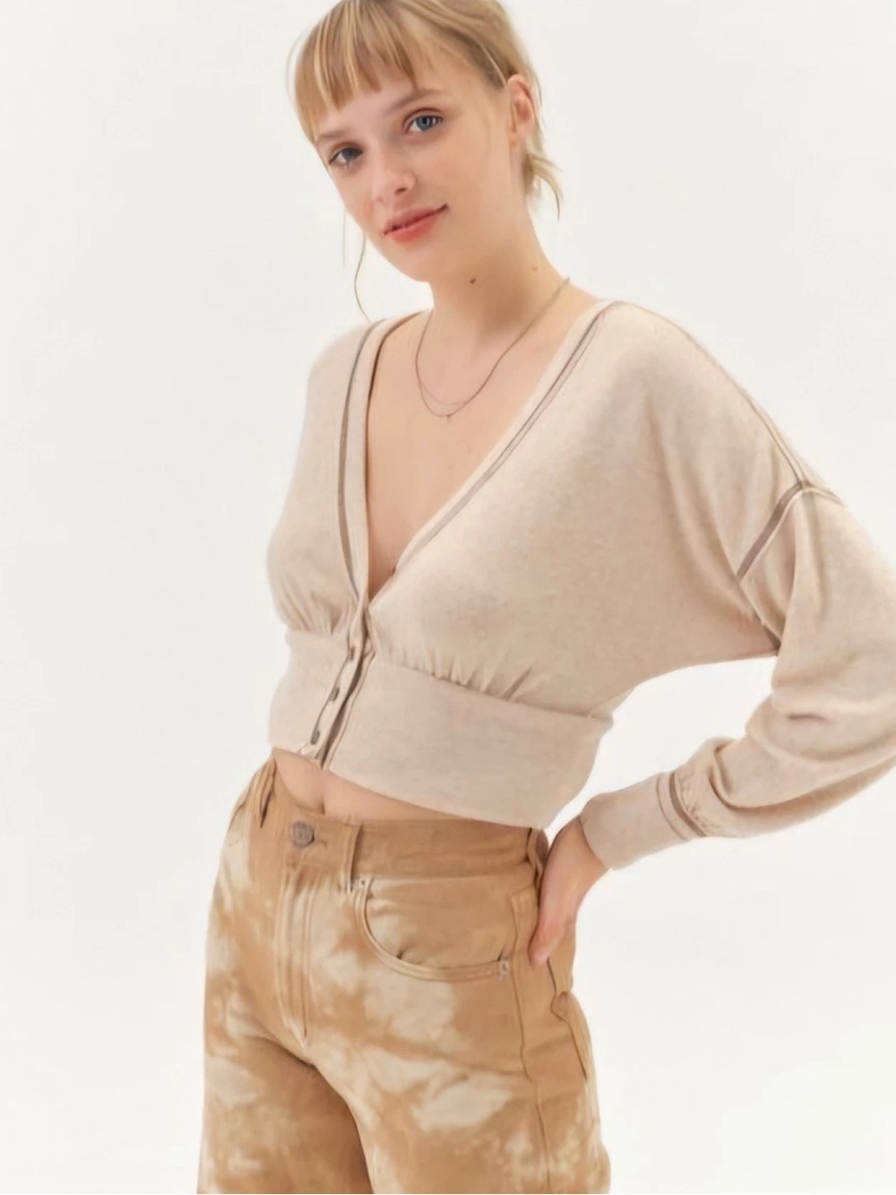 Urban Outfitters Farley Button Front Crop Sweater | Oatmeal | Small